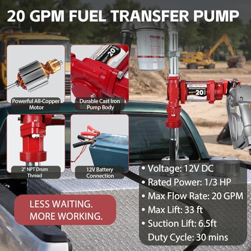 FMCNMech Fuel Transfer Pump, 12V DC 20 GPM High-Flow Diesel Pump with Manual Nozzle and 13 ft Hose, Heavy-Duty Fuel Transfer Pump for Gasoline, Diesel & Kerosene - color: 20 GPM Gas & Diesel Pump