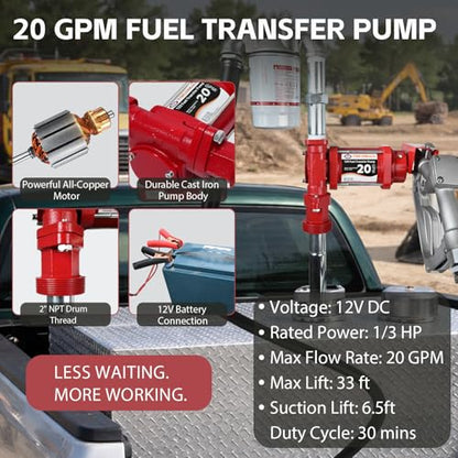 FMCNMech Fuel Transfer Pump, 12V DC 20 GPM High-Flow Diesel Pump with Manual Nozzle and 13 ft Hose, Heavy-Duty Fuel Transfer Pump for Gasoline, Diesel & Kerosene - color: 20 GPM Gas & Diesel Pump