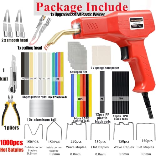 Upgraded 220W Plastic Welder, 2 in 1 Plastic Welding Kit Plastic Repair Welder Kit 1000PCS Hot Stapler Soldering Gun with 100PCS Plastic Welding Rods Car Bumper Repair Kit for Most Plastic Repair - color: Red