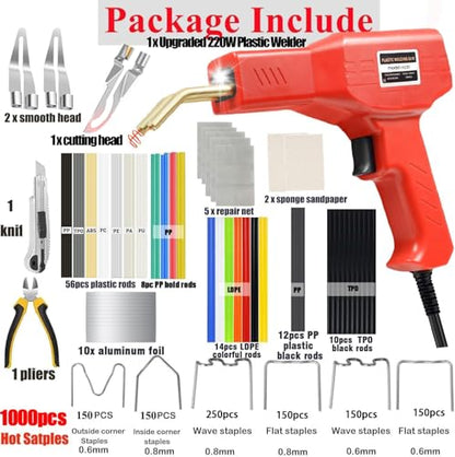 Upgraded 220W Plastic Welder, 2 in 1 Plastic Welding Kit Plastic Repair Welder Kit 1000PCS Hot Stapler Soldering Gun with 100PCS Plastic Welding Rods Car Bumper Repair Kit for Most Plastic Repair - color: Red