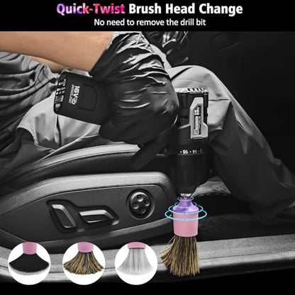YeewayVeh 3PCS Car Detailing Drill Brush Set, Mixed Detail Brushes, Pink | No Scratch Boars Hair & Ultra Soft Detailing Brushes for Air Vent, Leather Seat, Interior Exterior, Drill Attachment Included - color: Pink