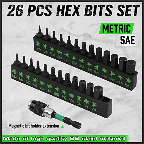 SWANLAKE 26-Piece Hex Head Allen Wrench Drill Bit Set, 1/4" Hex Shank Quick Change Bit Holder, Metric (1.5mm - 8mm) and SAE (5/64" - 5/16"), S2 Steel Hex Bits Set - style: Classic Version