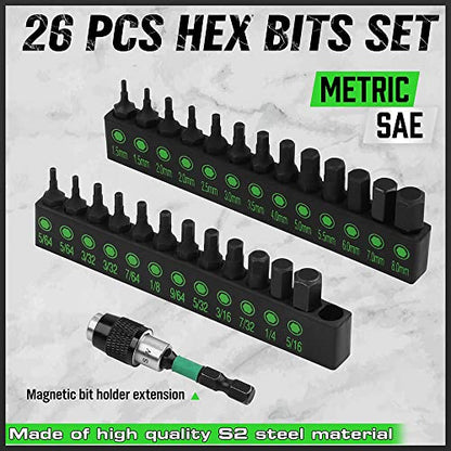 SWANLAKE 26-Piece Hex Head Allen Wrench Drill Bit Set, 1/4" Hex Shank Quick Change Bit Holder, Metric (1.5mm - 8mm) and SAE (5/64" - 5/16"), S2 Steel Hex Bits Set - style: Classic Version