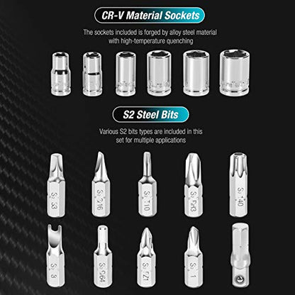 DURATECH 56-Piece 1/4" Mini Ratchet Wrench and Screwdriver Bit Set, 2-in-1, 72-Tooth and 60-Tooth with Bit Socket Set, Storage Cases Included