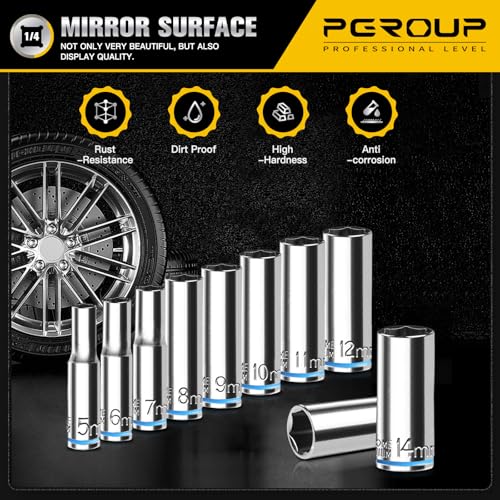 10PCS 1/4” Drive Deep Socket Set, Metric (5mm-14mm), 6-Point, Cr-V Steel, Chrome Plated Socket With Hanging Bracket, Cover Most Commonly Sizes - size: 1/4"Metric (5mm-14mm)