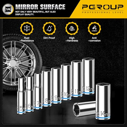 10PCS 1/4” Drive Deep Socket Set, Metric (5mm-14mm), 6-Point, Cr-V Steel, Chrome Plated Socket With Hanging Bracket, Cover Most Commonly Sizes - size: 1/4"Metric (5mm-14mm)