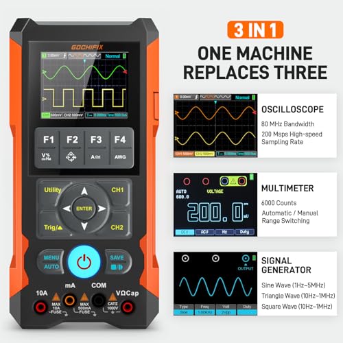 Handheld Oscilloscope Multimeter GOCHIFIX Waveform Generator 3 in 1 Automotive Oscilloscope 2 Channel 80Mhz Bandwidth 200Msps Sampling Rate Signal Generator Digital Oscilloscope Multimeter - style: 80 Mhz