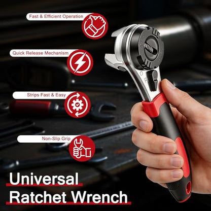 Adjustable Ratchet Wrench, Universal 6–22mm (1/4"–7/8") Compact Ratcheting Wrench for Tight Spaces, Reversible 60-Tooth Gear, Non-Slip Handle for Auto & Home Repair