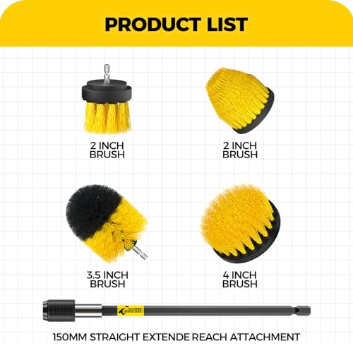 Holikme 5Pack Drill Brush Attachment Set，Power Scrubber Brush Extended Long Attachment for Bathroom Surfaces, Grout, Floors, bathtubs, Showers, Tiles, Kitchens and Cars，Yellow | 4 nylon scrub brushes,yellow,Power scrubber kit for Bathroom Surfaces, Grout,