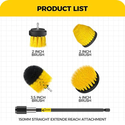 Holikme 5Pack Drill Brush Attachment Set，Power Scrubber Brush Extended Long Attachment for Bathroom Surfaces, Grout, Floors, bathtubs, Showers, Tiles, Kitchens and Cars，Yellow | 4 nylon scrub brushes,yellow,Power scrubber kit for Bathroom Surfaces, Grout,