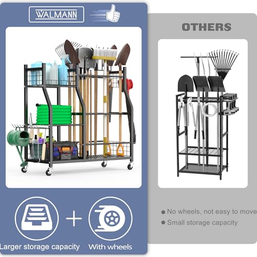 WALMANN Garden Tool Organizer with Wheels for Garage, Large Storage Capacity, Rakes/Shovels/Yard Tools Storage Stand for Shed, Garden, Indoor/Outdoor Long-Handled Tools Rolling Cart - style: Large-stand