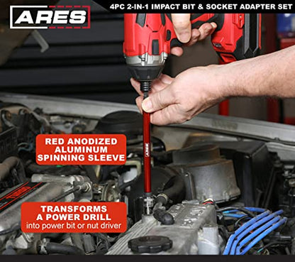ARES 22028 – 2-in-1 Impact Bit and Socket Adapter Set – 3-Inch and 8-Inch Adapters - Unique Design Holds Standard 1/4-Inch Hex Bits and 3/8-Inch Drive Sockets – Spinning Sleeve Stabilizes Adapter - size: 4pc 2-in-1 Impact Bit and Socket Adapter Set