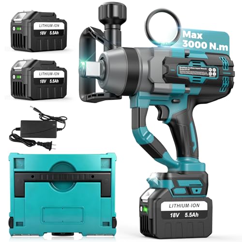 Cordless Impact Wrench 1 Inch, 3000N.m High Torque Impact Wrench Heavy Duty with Auxiliary Handle, Brushless Electric Impact Gun, 2x 5.5Ah Battery, Variable Speeds for Car Tire Lug Nut Removal Tool