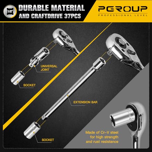 1/2 Inch Drive Metric Socket Set 8-32mm & Combination Wrench Set 8-19mm, 37pcs Mechanic Tool Set for Auto and Bike Repair - color: Silver-37pcs