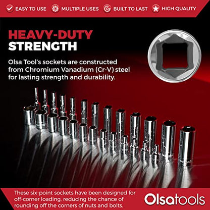 Olsa Tools SAE Deep Socket Set - 3/8-Inch Drive, 13pc - 6-Point Chrome Sockets from 1/4" to 1" and No Skipped Sizes - Mechanic Deep SAE Socket Set - Professional Grade Long Sockets - Part: 1332 - color: Sae Deep, size: 13pc, 3/8-Inch Drive