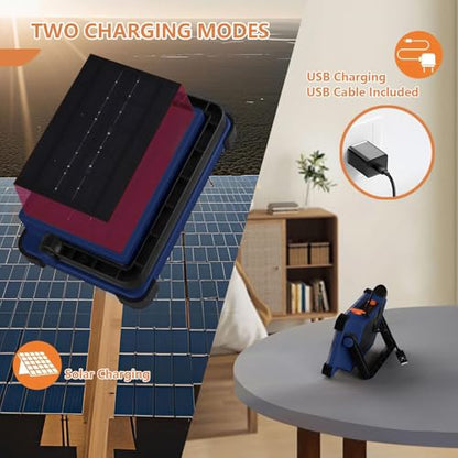 120W Solar Rechargeable Work Light, 144 LED Portable Flood Light with Stand, IP66 Waterproof 4 Modes LED Job Site Lighting Flashlights for Mechanic Camping Fishing Car Repair(Blue 1 Pack) - style: Blue 1 Pack
