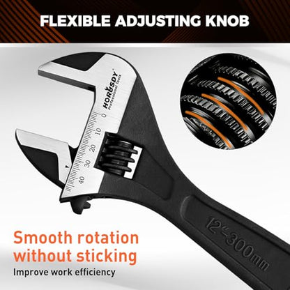 HORUSDY 4-Piece Adjustable Wrench Set With 4-Piece Magnetic Wrench Organizer Racks, 6" 8" 10" Wide Jaw Black Oxide Wrenches with Tool Roll Pouch, Metric&SAE Scales, CR-V Steel for Home Garage Workshop - style: 4 Wide Jaw Wrenches + 4 Magnetic Racks