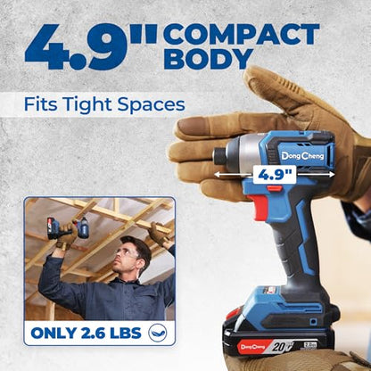 Dong Cheng 20V 1/4" Brushless Impact Driver, 1460 in-lbs Cordless Impact Driver, 2x 2.0Ah Batteries, 3-Speed, 4.9" Compact Impact Driver for Cabinetry, Deck Building & HVAC Installation - style: 1460 in-lbs, 2x Battery