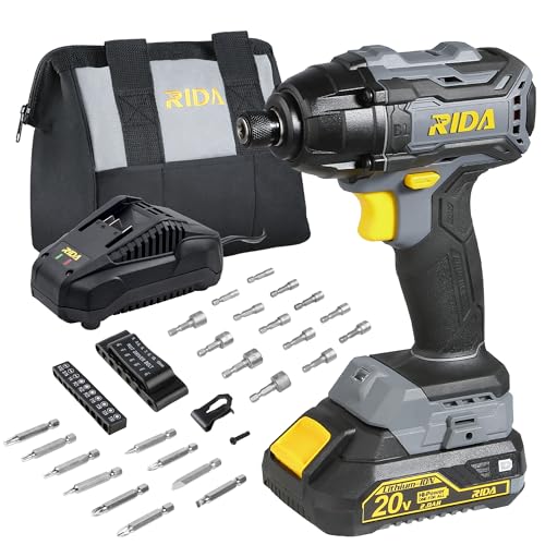 RIDA Cordless Brushless Impact Driver 180N.m, 20V Electric Impact Drill/Driver Set 1/4" All-Metal Hex Chuck,Variable Speed 2.0Ah Battery & Fast Charger, 25 Pcs S2 Bits & Tool Bag for Home DIY Use - style: Cordless Brushless Impact Driver
