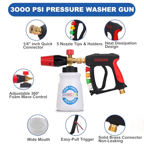 DUSICHIN Foam Cannon Short Pressure Washer Gun 1/4 Inch Quick Connector,5 Pressure Washer Nozzle Tips Car Wash Foam Gun 3/8'' Swivel Quick Connector,M22-14mm M22-15mm Fitting,Not Use with Garden Hose