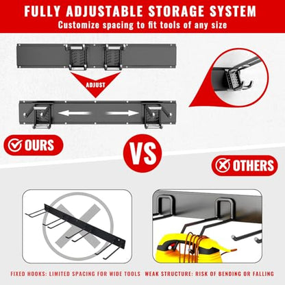 Garage Tool Organizer Wall Mount, Easy to 48inch Install Heavy-Duty Garage Storage System with 9 Adjustable Hooks, Garden Tool Rack for Shovels, Rakes, Yard Tools - size: 48" System - 9 Piece Set