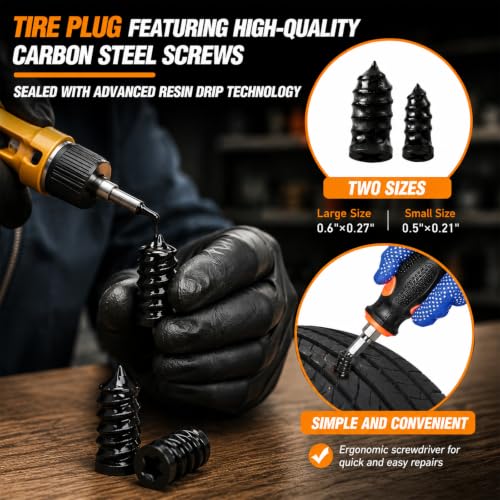 105PCS Tire Screw Plug Repair kit, Screw in Rubber Plugs No Tire Removal Flat Tire Fix Tool Set for Car Truck Motorcycle SUV ATV, Heavy Duty Emergency Tire Puncture Repair Kit with Pliers and Tools