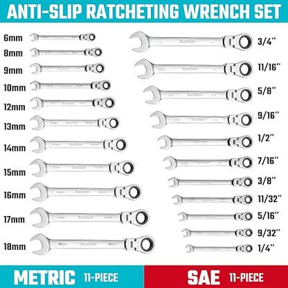 DURATECH Flex Head Ratcheting Wrench Set, Combination Wrench Set, 22-piece, Metric & SAE, 1/4" to 3/4" & 6-18mm, CR-V Steel, Mirror Polished, with Pouch - style: Flex-head