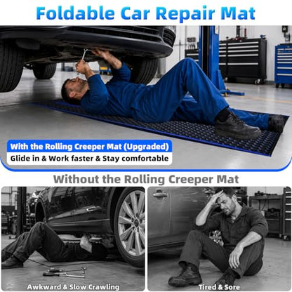 Magic Rolling Creeper Mat, 60 x 28in Foldable Two-Layer Cars Mechanic Repair Mat with Storage Bag, Multifunctional Mechanic Creeper Automotive Tool for Low Clearance, Special Roads, Cars, SUVs, Blue - color: BLUE