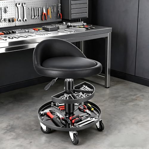 Rolling Shop Stool with Wheels and Backrest, 16–21.6 Inch Height Adjustable Garage Mechanic Stool, Low Rolling Work Seat with 2-Tier Tool Trays for Auto Repair Workshop Salon 300 lb Capacity (Black)