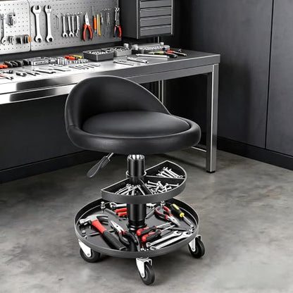 Rolling Shop Stool with Wheels and Backrest, 16–21.6 Inch Height Adjustable Garage Mechanic Stool, Low Rolling Work Seat with 2-Tier Tool Trays for Auto Repair Workshop Salon 300 lb Capacity (Black)