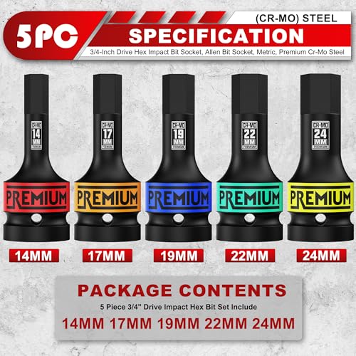 3/4" Drive Impact Hex Bit Socket Set, Metric,14mm, 17mm, 19mm, 22mm, 24mm, Impact Allen Bit Socket, Cr-Mo Steel, One-Piece Construction, 5-Pieces - size: 3/4" Hex Metric