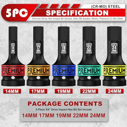 3/4" Drive Impact Hex Bit Socket Set, Metric,14mm, 17mm, 19mm, 22mm, 24mm, Impact Allen Bit Socket, Cr-Mo Steel, One-Piece Construction, 5-Pieces - size: 3/4" Hex Metric