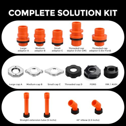 No-Spill Coolant Funnel Kit 15-Piece – Radiator Burping Funnel with Rotary Shut-Off Valve, GM & Ford Threaded Adapters, Extensions, 45° Elbows for Universal Cars & Trucks Cooling System Air Bleeding
