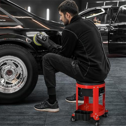 M-AUTO Rolling Workshop Mechanic Stool Creeper Seats with Tool Storage Drawers and Can Holders, 300LbS Garage Rolling Toolbox Stool with Wheels, Work Rolling Stools for Shop or Garage, Red