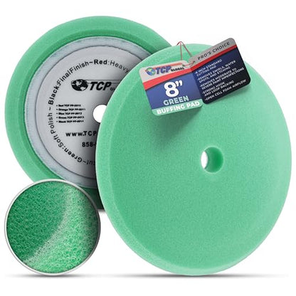 TCP Global 8" Green Foam Buffing Pad Final Cut Polish Hook and Loop Backing - Buffing Pad for Automotive, Marine, Truck, RV & Compound Cutting - color: Green