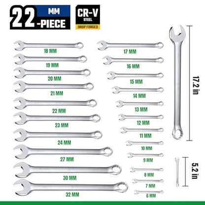SK Combination Wrench Set, Metric 6 to 32mm, 22-Piece, Premium CR-V Steel | SuperKrome Finish, Drop Forged, 12-Point Wrenches, 15-Degree Offset, with Rolling Pouch - size: Metric 6 to 32mm