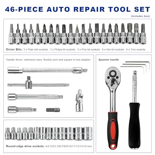 46PCS 1/4 Inch Car Repair Tool Set, Metric Socket Ratchet Wrench Set with Extension Bars & Bits, Quick-Release Ratchet Combination Tools Kit for Auto Repairing & Household
