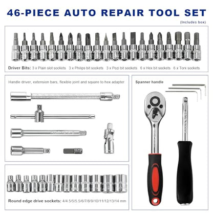 46PCS 1/4 Inch Car Repair Tool Set, Metric Socket Ratchet Wrench Set with Extension Bars & Bits, Quick-Release Ratchet Combination Tools Kit for Auto Repairing & Household