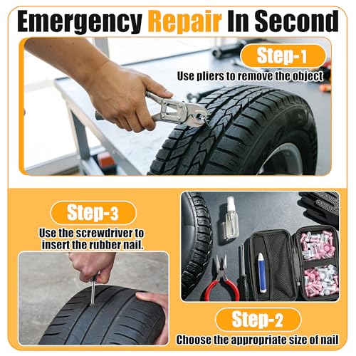 60 PCS Tire Repair Rubber Nails Kit, Vacuum Tire Screw Plugs, Fast Self-Service Tire Repair Tool for Car, Truck, Motorcycle, Bike, Tractor Puncture Repair Kit (Screwdriver Included)