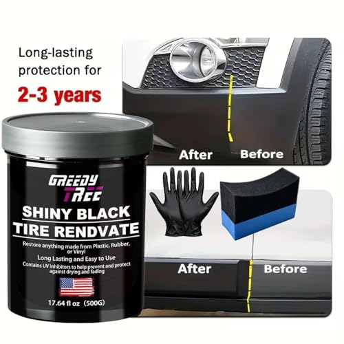 Shiny Black Tire Renovator, The Perfect Deep Black Shine - Long Lasting Car Tire Dressing - No Sling & Dry to Touch, Kit with Applicator and waxing Gloves