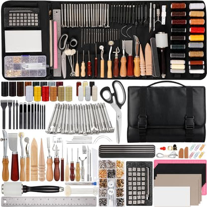 Nicpro 160PCS Upgrade Leather Tooling Kit Leather Working Tools Kit with Storage Handbag, Professional Leather Making Craft Tools Kit for Stamping Sewing Carving Cutting Punching Leather Working - size: 160PCS