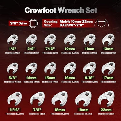 BILITOOLS 17PCS Crows Foot Wrench Set, 3/8" Drive Metric & SAE | Flare Nut Crowfoot Set (10-22mm, 3/8"-7/8"). 6-Point Flare Nut Design. CR-V Steel, EVA Organizer. - style: Crows Foot Wrench Set