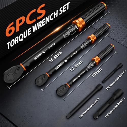 SUZUME 6PCS Torque Wrench Set 1/2 3/8 1/4 Inch Drive Click ±3% Accuracy | 10–170 Ft.lb, 5–45 Ft.lb, 20–220 In.lb, Dual-Direction, 3 Extension Bars Dual-Scale for Car,Moto,Truck,Spark Plug,Bike Repair - size: 10-170Ft.Lb,5-45Ft.Lb,20-220In.Lb, style: 1/2 3