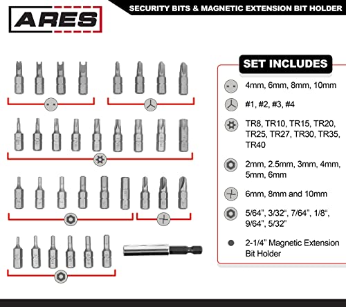 ARES 70009-33-Piece Security Bit Set with Magnetic Extension Bit Holder - Includes Tamper Resistant, SAE Hex, Metric Hex and Star Bits – Anti Tamper Bit Set Features Torq, Spanner, and Triwing Bits - size: 33-Piece Security Bit Set