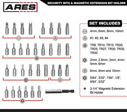 ARES 70009-33-Piece Security Bit Set with Magnetic Extension Bit Holder - Includes Tamper Resistant, SAE Hex, Metric Hex and Star Bits – Anti Tamper Bit Set Features Torq, Spanner, and Triwing Bits - size: 33-Piece Security Bit Set