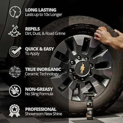 CERAKOTE® Rapid Ceramic Tire Coat - Long-Lasting Deep Black Tire Shine | Lasts up to 10X longer than traditional tire dressings with a natural satin and a no-sling ceramic finish. Car, truck, & SUV - size: 10 oz. Kit