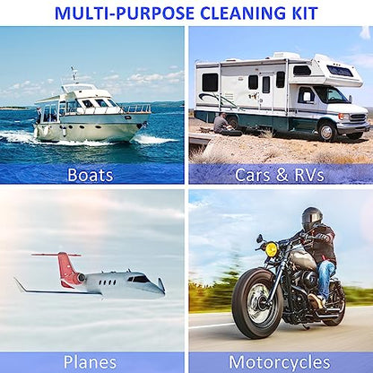 12Pcs Boat Wash Cleaning Kit with Collapsible Bucket Wash Sponge Mitt Microfiber Towel Squeegee Scrub Pads Brushes Complete Interior Exterior Cleaning Set for Boat