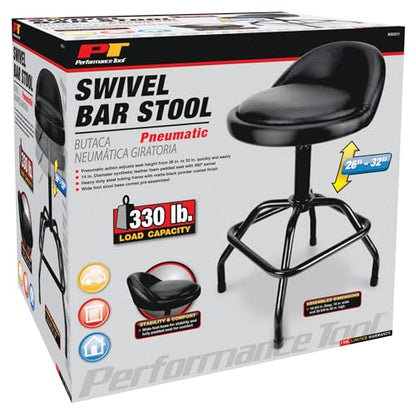 Performance Tool W85011 Pneumatic Swivel Bar Stool with Back Support, 360-Degree Swivel, Heavy Duty Steel Frame, Black - style: Pneumatic Swivel Bar Stool
