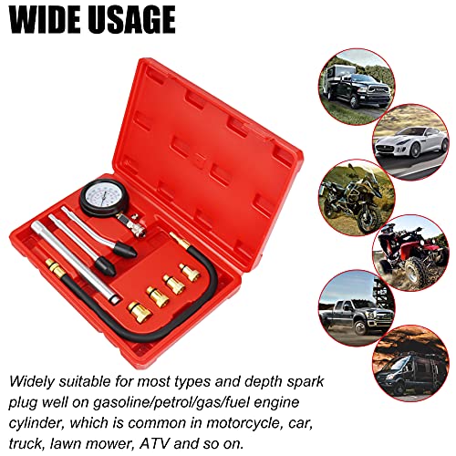 JIFETOR Engine Compression Tester Gauge Kit Cylinder Test Pressure Gage Tool 9PCS Set with Adapters for Testing Small Gas Petrol Gasoline Engine on Automotive Motorcycle Auto Outboard Motor Snowmobile
