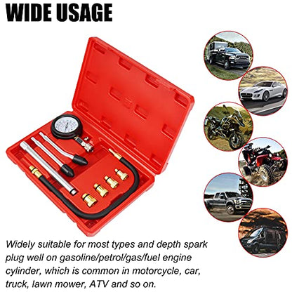 JIFETOR Engine Compression Tester Gauge Kit Cylinder Test Pressure Gage Tool 9PCS Set with Adapters for Testing Small Gas Petrol Gasoline Engine on Automotive Motorcycle Auto Outboard Motor Snowmobile